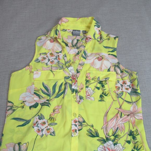 Soho Jeans Top Womens Small Butter Yellow Floral Sleeveless Blouse Work Resort - Picture 3 of 9